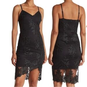 GUESS Embroidered Mesh Illusion Scalloped Hem Black Mini Dress Sz 0‎ Lacy Witchy